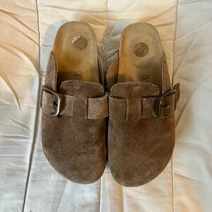 Brown Suede Buckle Clogs